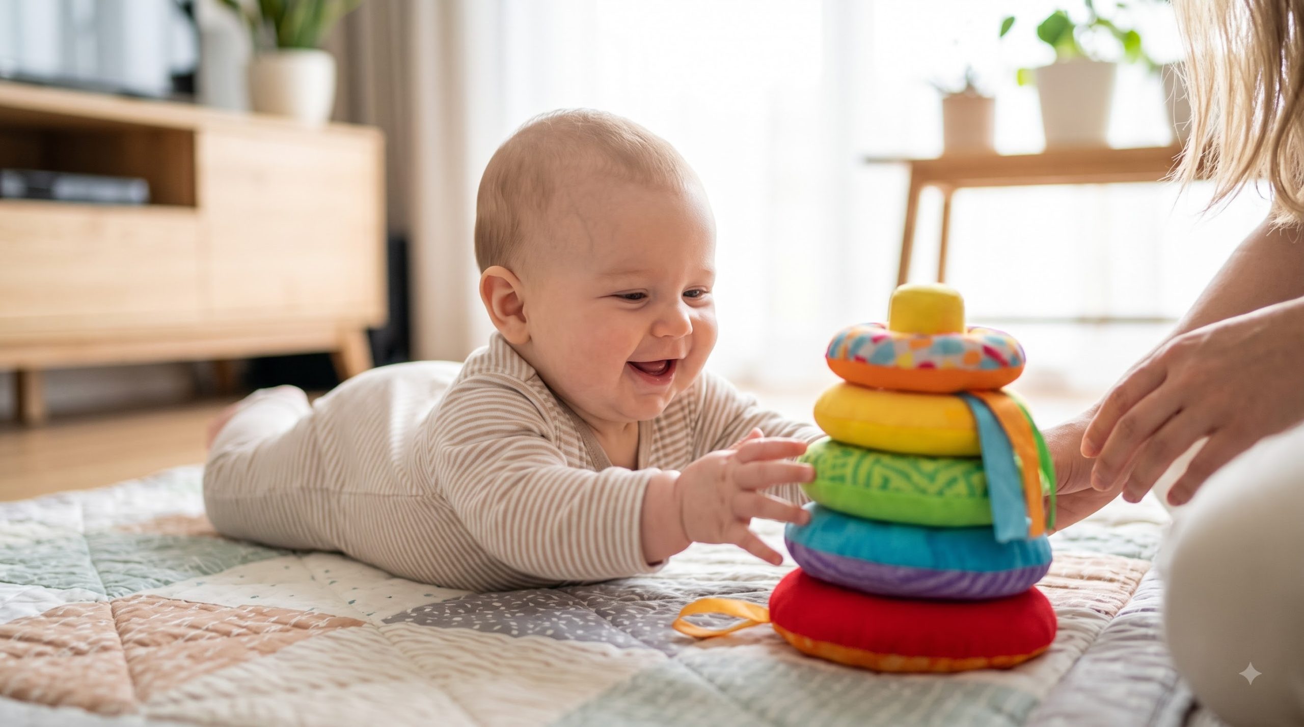 Young baby reaching for a toy during supervised floor play and development