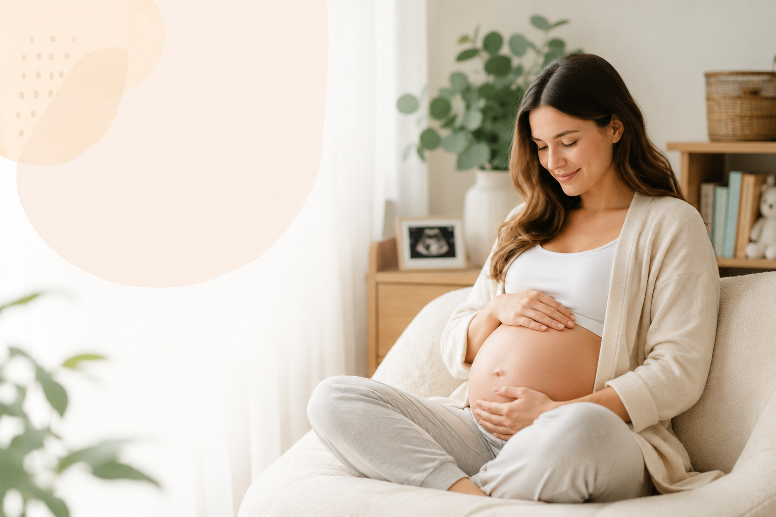 Pregnant woman gently holding her belly at home during pregnancy