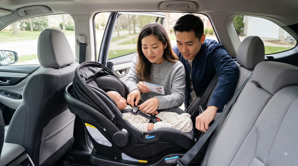 Parents checking a rear-facing infant car seat in the back seat of a family car.