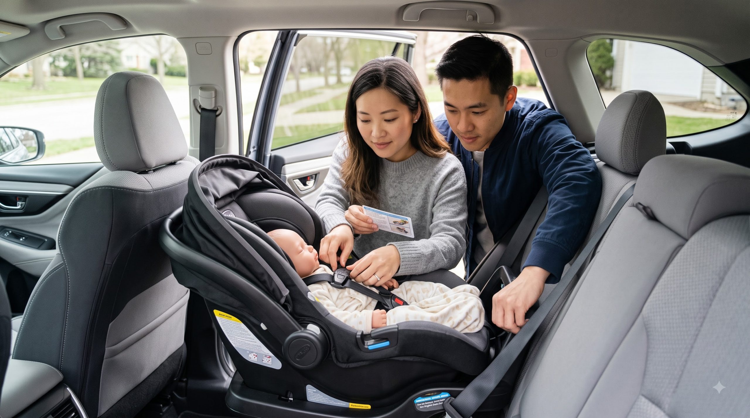 Parents checking a rear-facing infant car seat in the back seat of a family car.