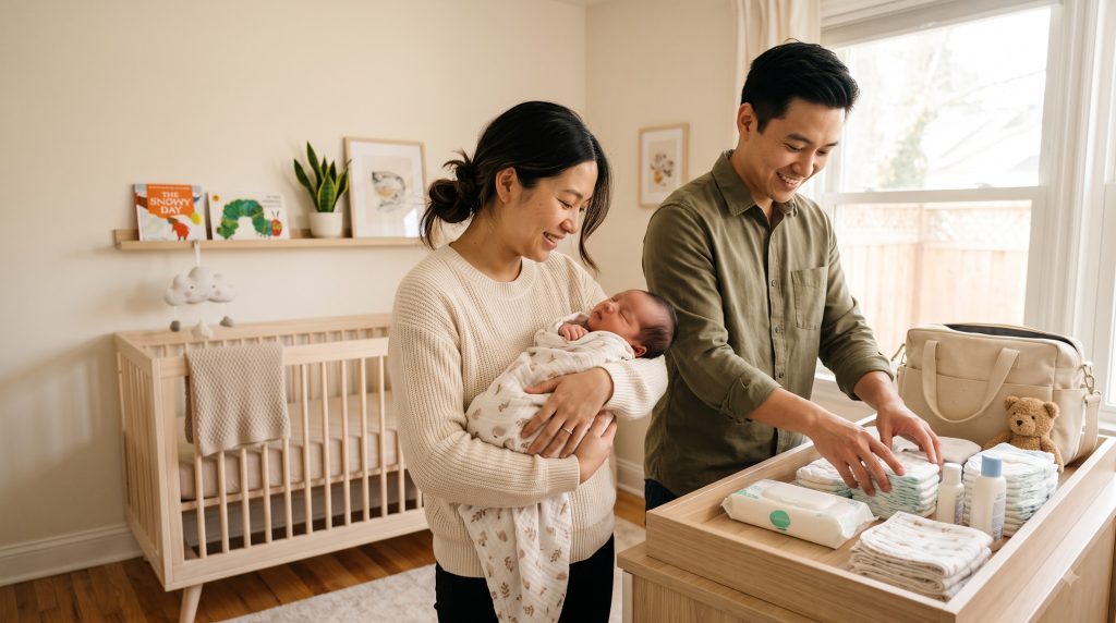 First-time parents preparing a nursery and newborn essentials before bringing baby home
