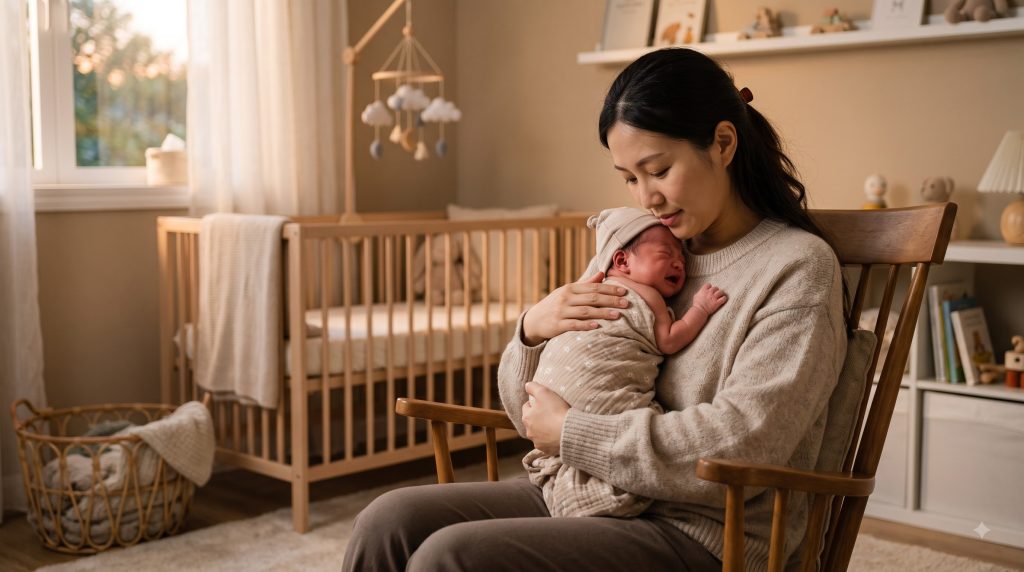 Mother gently comforting a crying newborn baby in a peaceful nursery.