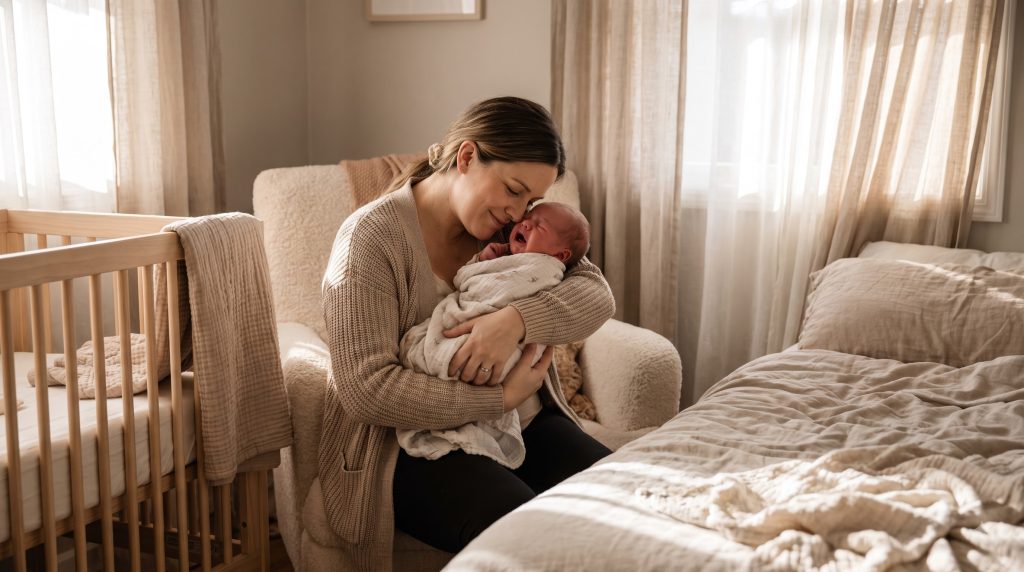 Mother gently comforting and calming a crying newborn baby at home