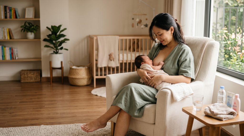 Mother gently feeding her newborn baby at home