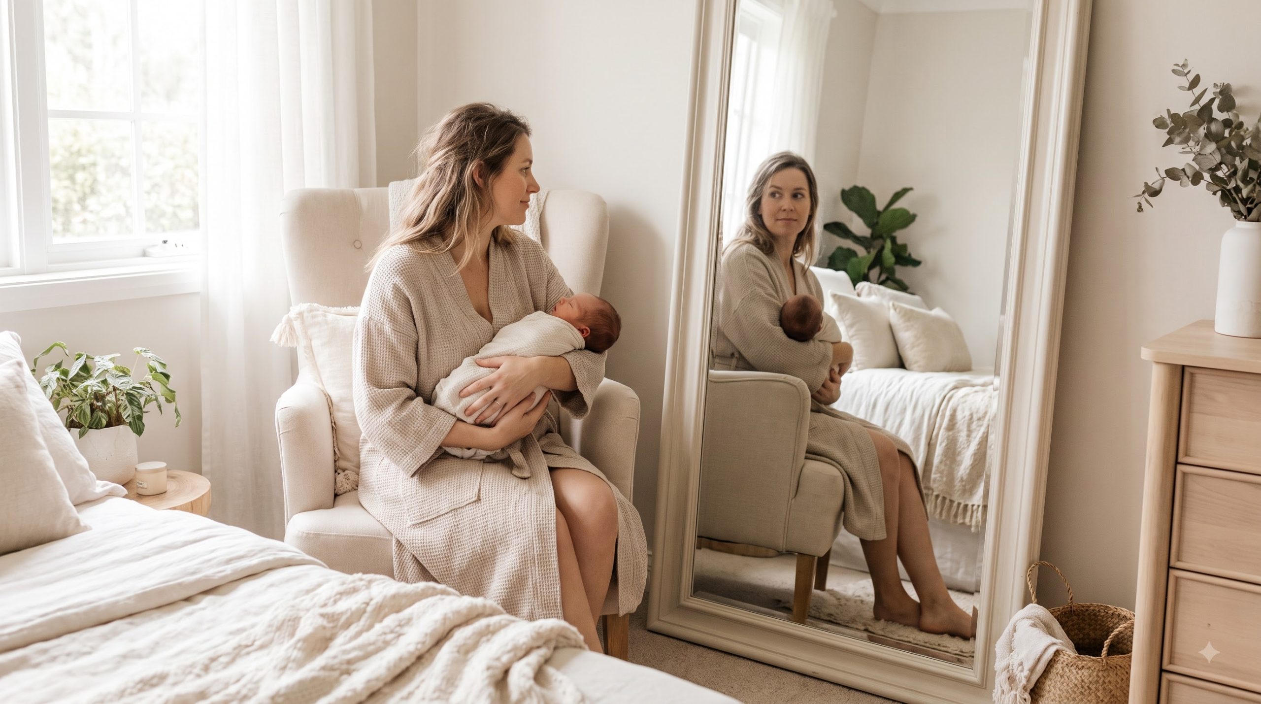 New mother adjusting to common health changes after childbirth