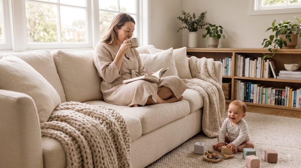 Busy mom enjoying a simple self-care moment at home