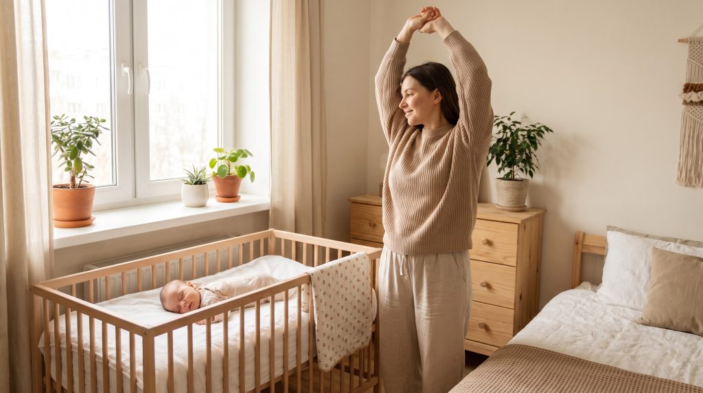 New mom practicing healthy morning habits at home