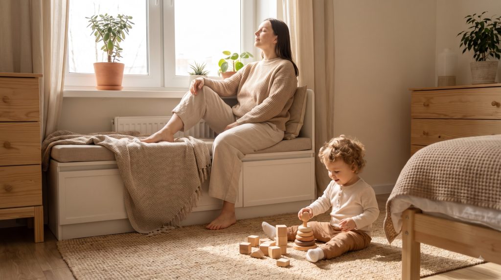 Mother finding quiet personal time while parenting