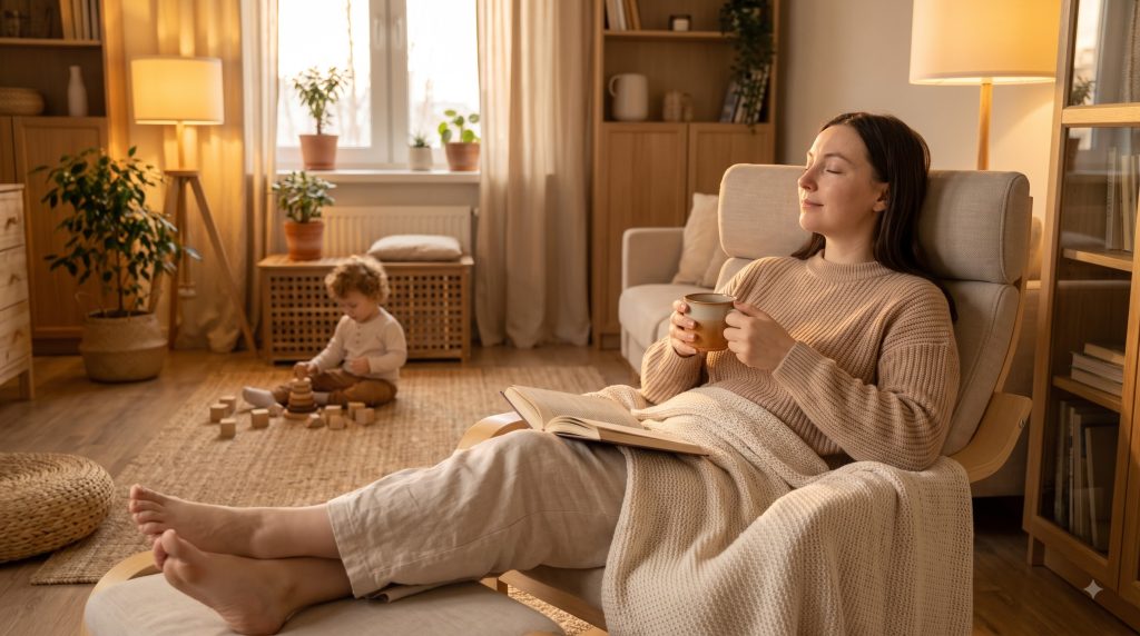 Mother relaxing at home with simple self-care activities
