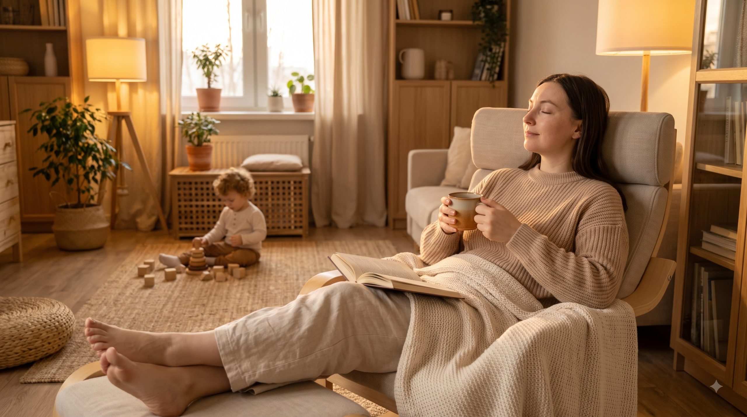 Mother relaxing at home with simple self-care activities