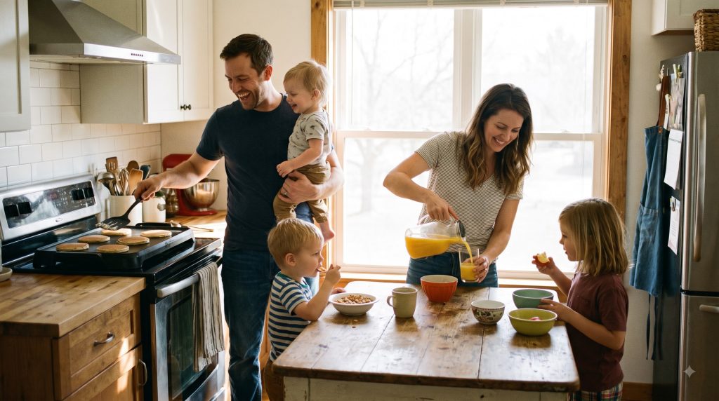 Family following a simple daily routine together