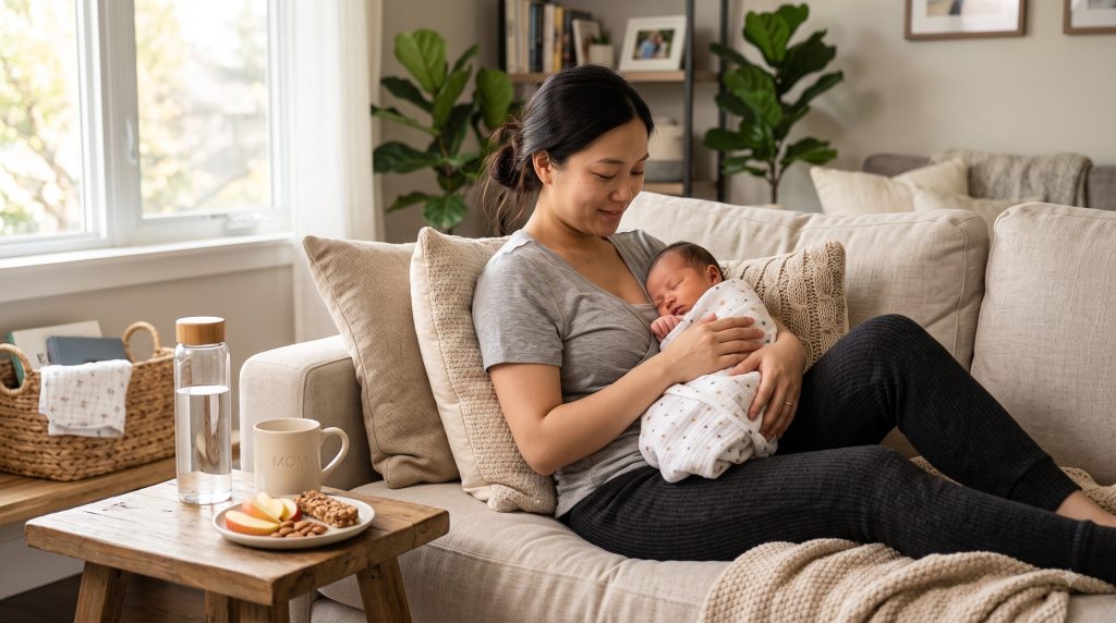 New mother resting comfortably with her newborn during postpartum recovery at home.