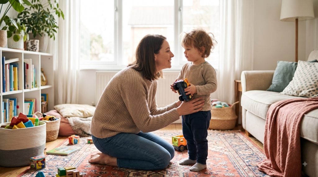Parent using positive communication with a young child