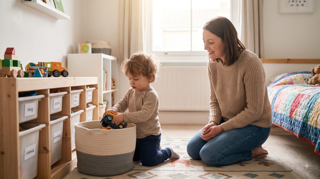 Parent encouraging a child to learn independence