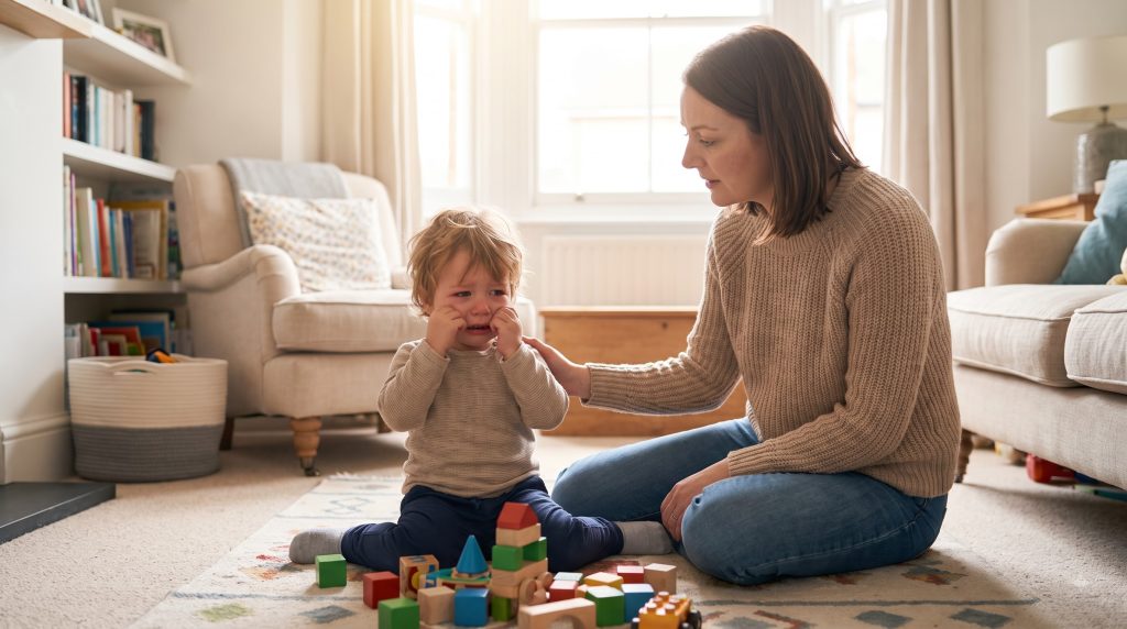 Parent calmly helping a child through an everyday challenge
