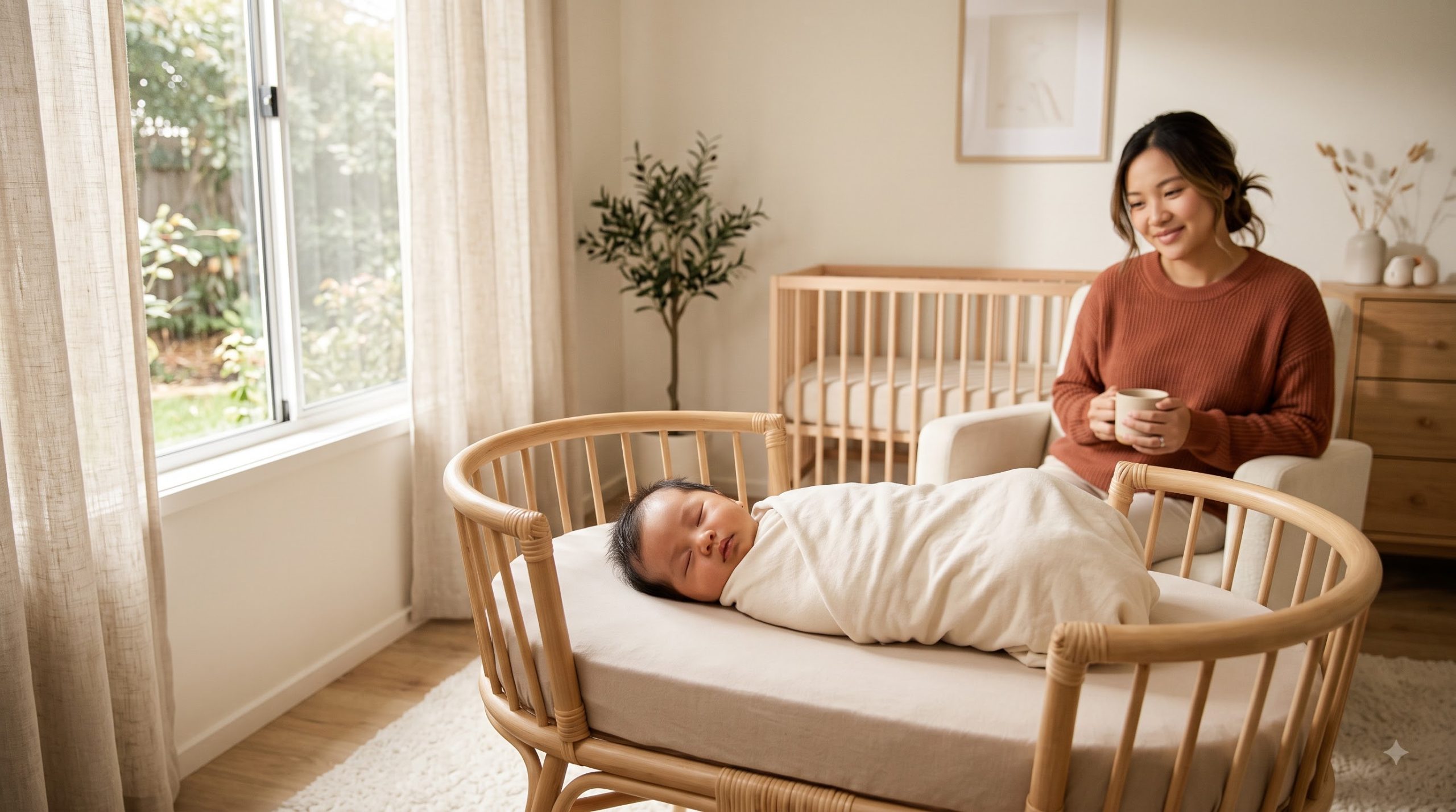 Newborn baby sleeping safely on their back in a bassinet