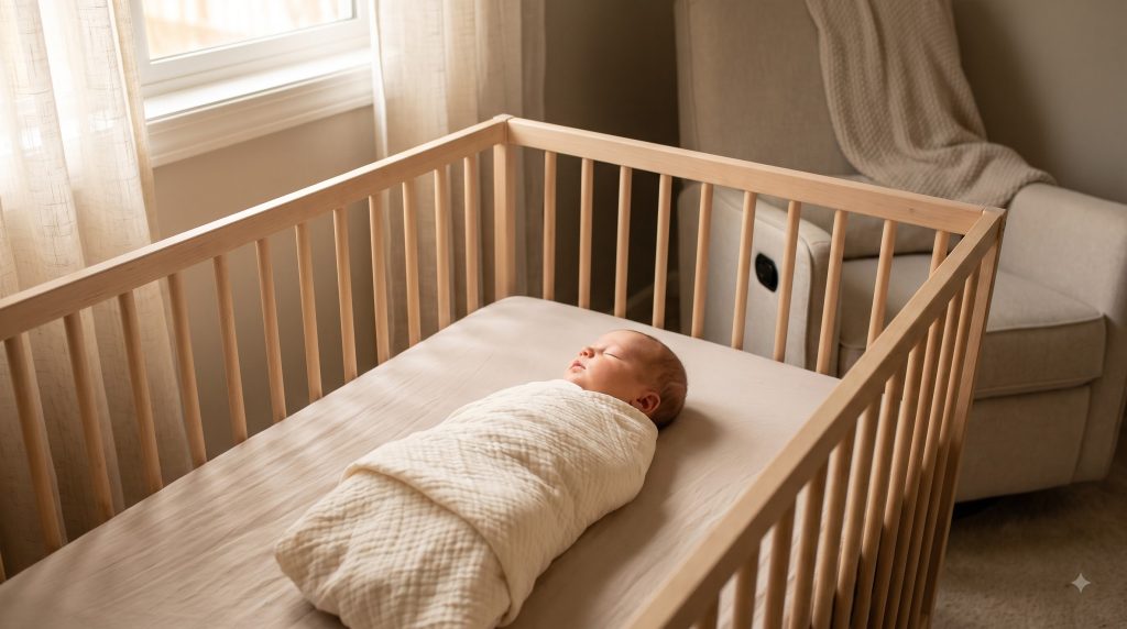 Newborn baby sleeping peacefully in a safe crib