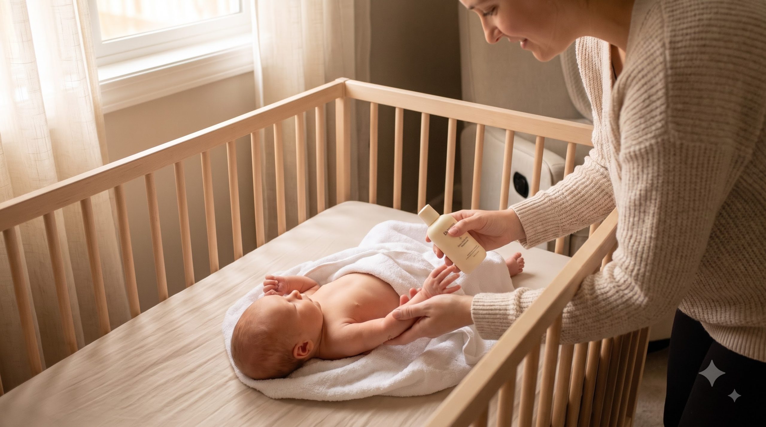 Parent gently caring for a baby's skin after bath time