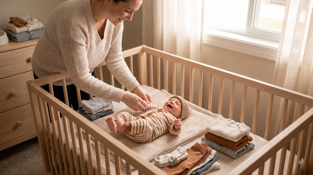 Parent dressing a baby comfortably for the season