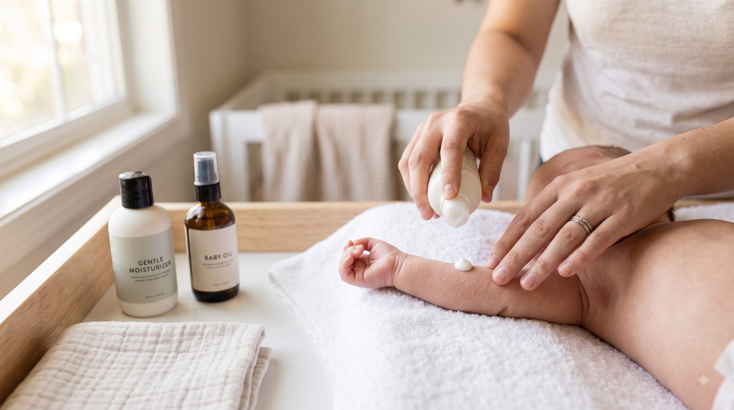 Parent gently caring for a newborn baby's delicate skin with baby moisturizer