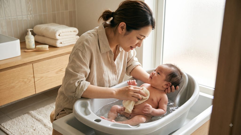 Parent gently bathing a newborn baby in a safe infant bathtub.