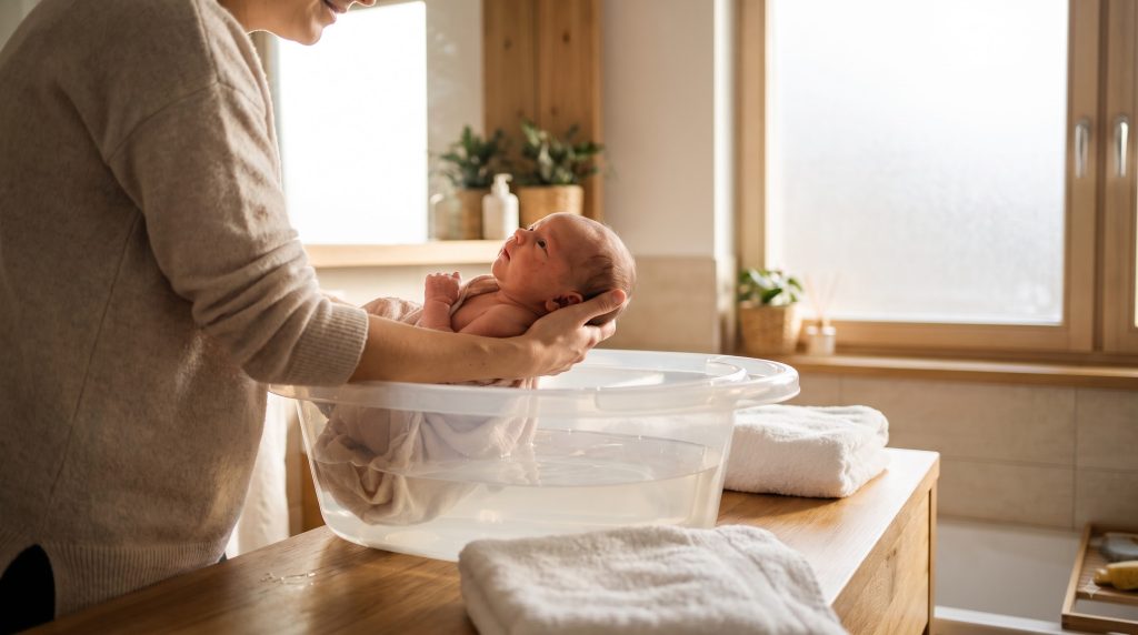 Parent safely bathing a newborn baby in a small baby bathtub at home
