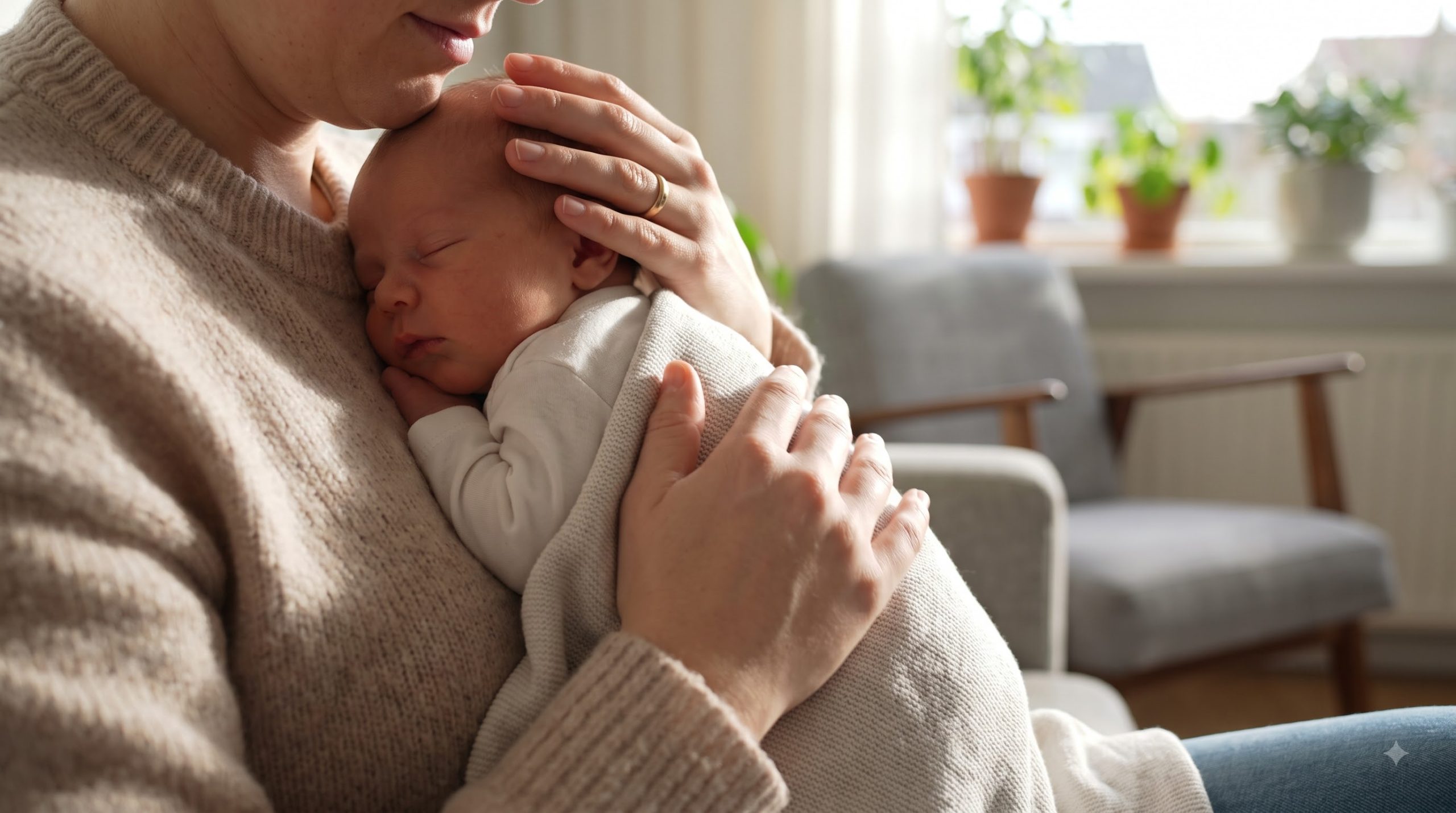 Ultra-realistic lifestyle photography of a parent gently burping a newborn baby after feeding, baby resting safely upright against the parent's shoulder, one hand carefully supporting the baby's head and neck while the other hand gently rubs the baby's back, clean cozy home setting, soft natural light, calm caring atmosphere, professional parenting magazine photography, highly detailed, no text, no watermark, horizontal 16:9 composition