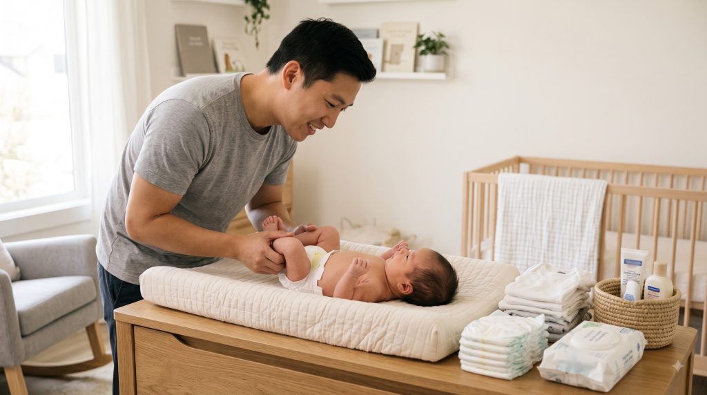 Parent safely changing a newborn baby's diaper on a clean changing mat.