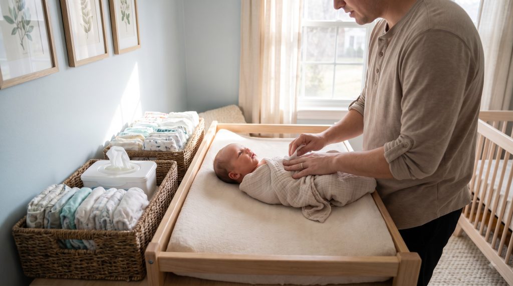 Parent carefully changing a newborn baby's diaper on a safe changing table