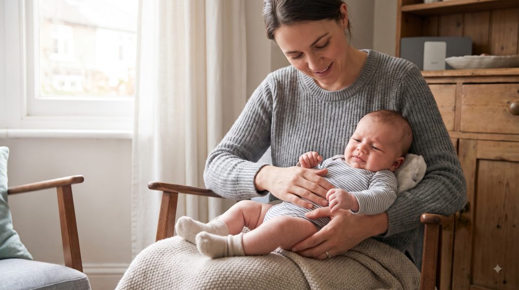 Parent gently comforting a fussy baby with a soothing tummy massage