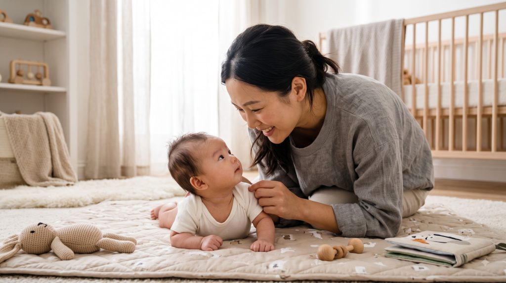 Parent interacting with a one-month-old newborn during supervised tummy time.