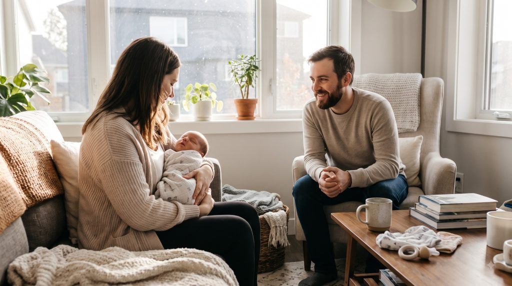 New parents spending a peaceful moment with their newborn baby at home