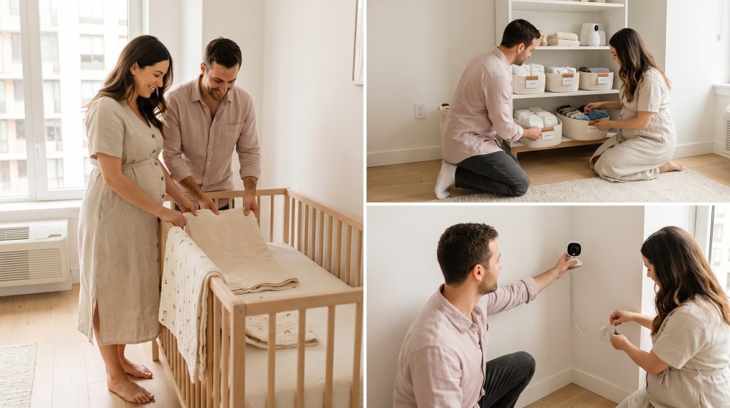 Expecting parents preparing a safe and organized baby-friendly nursery at home