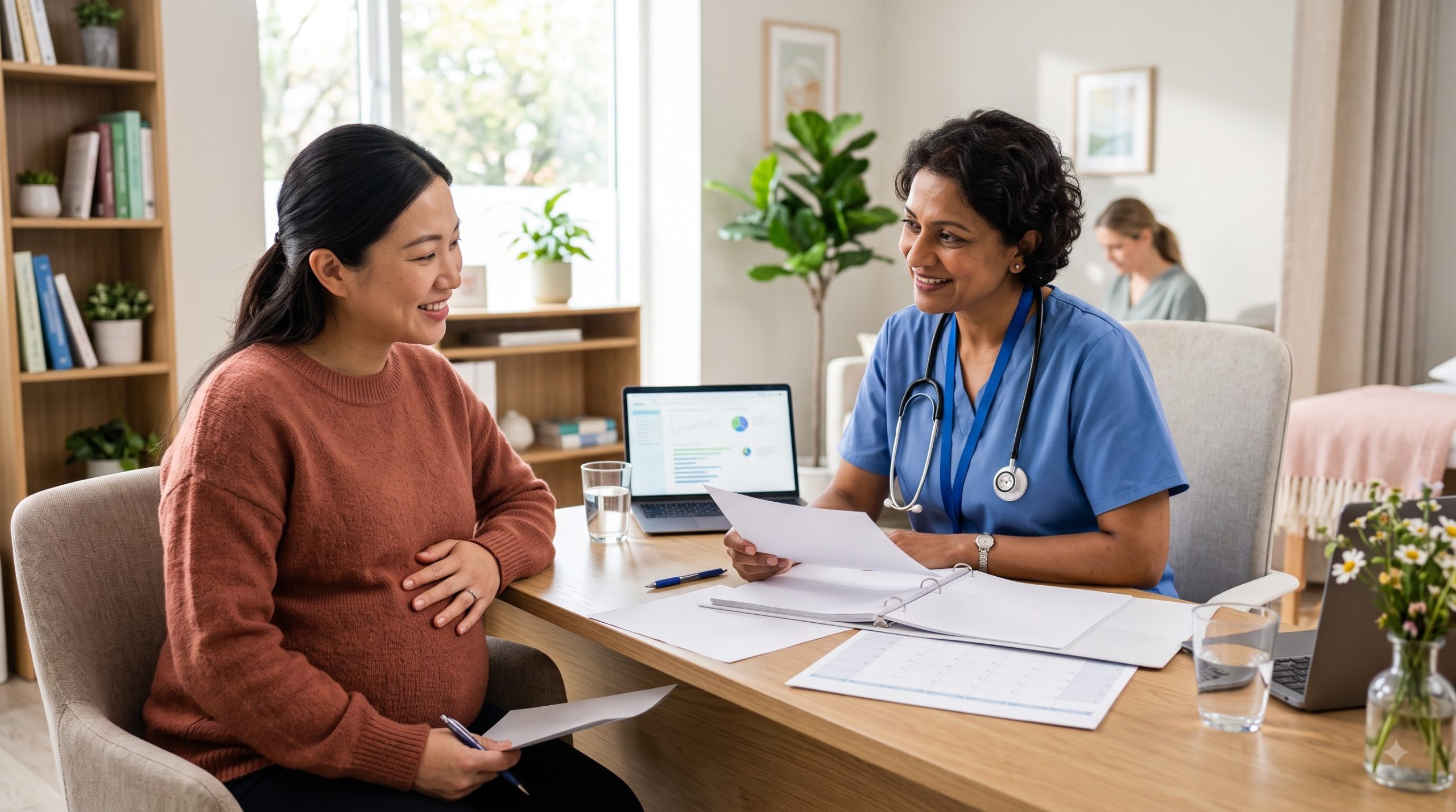 Pregnant woman speaking with a healthcare professional during her first prenatal visit.