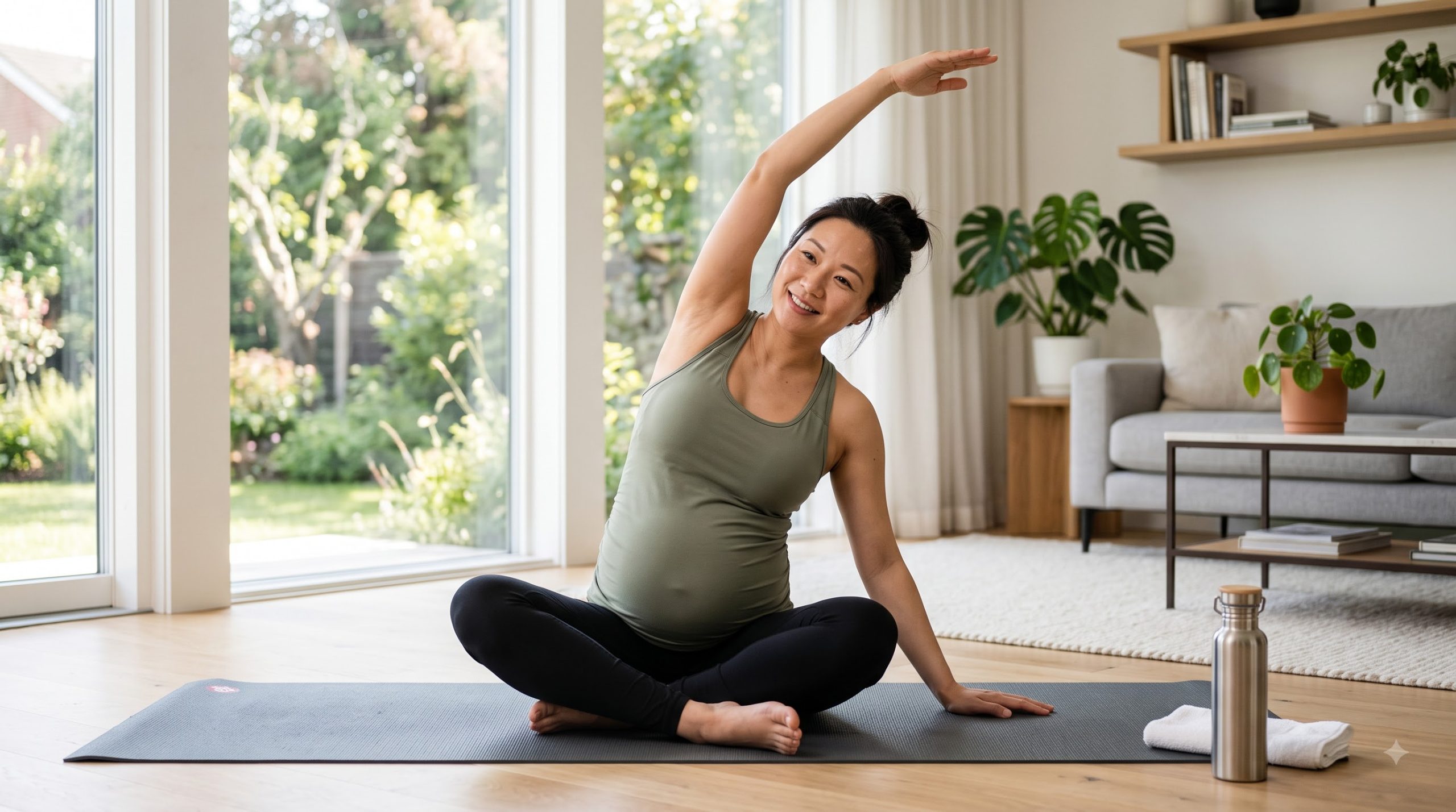 Pregnant woman doing gentle low-impact exercise at home.