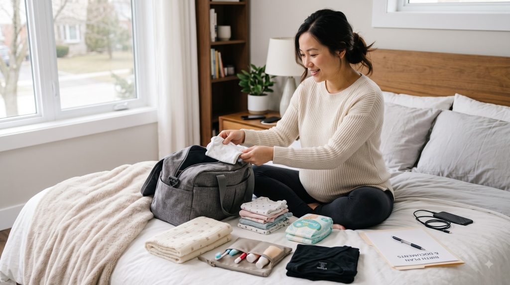 Pregnant woman packing a hospital bag with newborn essentials before delivery.