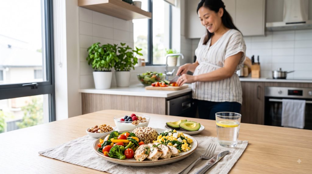 Balanced healthy meal with vegetables, fruit, whole grains and protein for pregnancy.