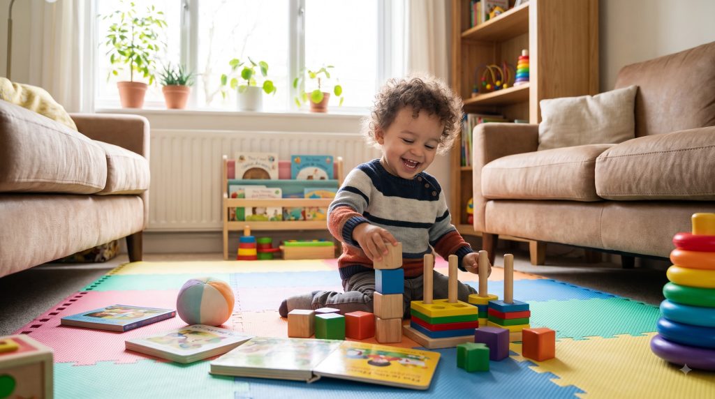 Toddler playing with educational activities at home