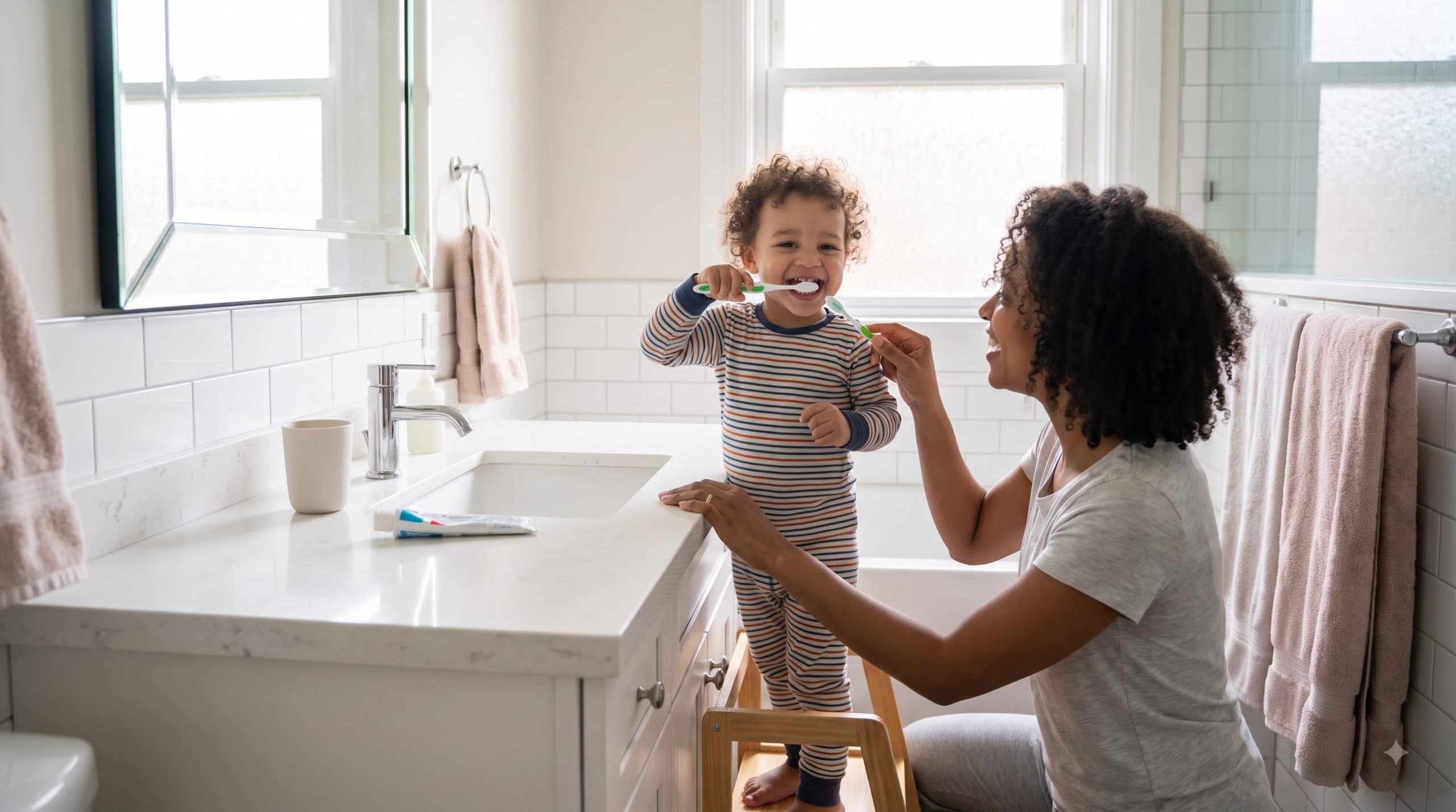 Parent helping a toddler learn a daily hygiene habit