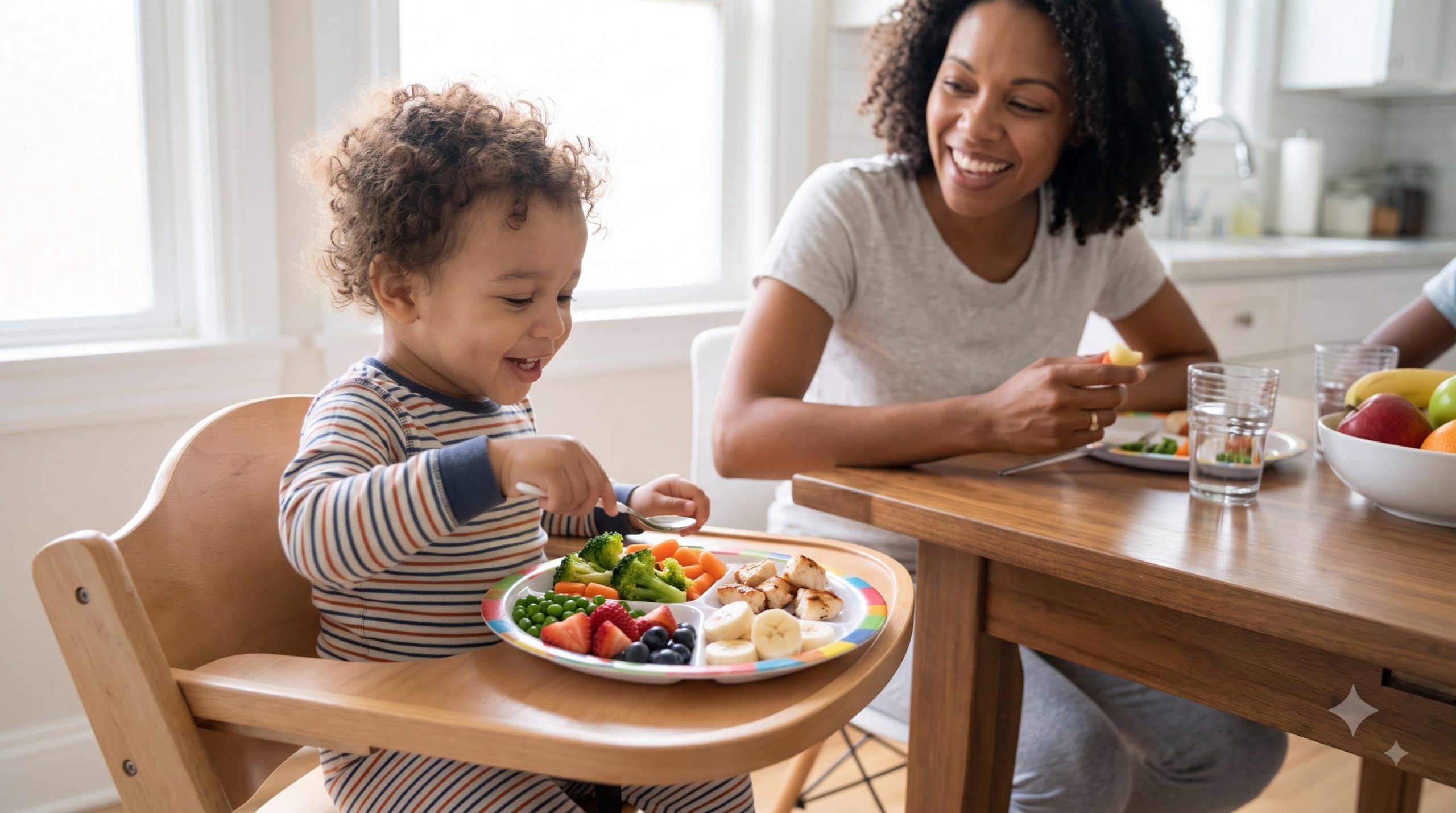 Toddler eating a balanced meal with parental support