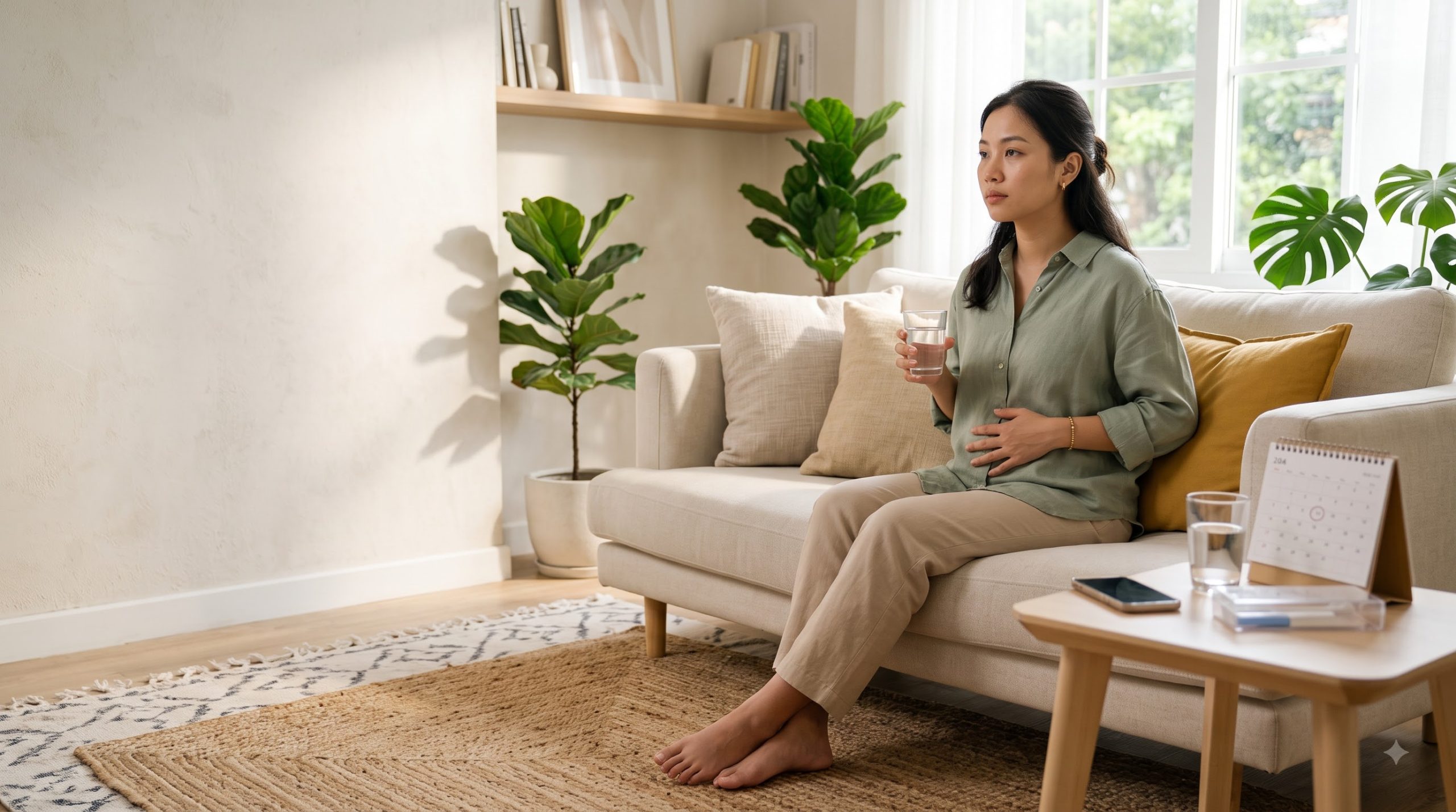 Woman experiencing early pregnancy symptoms while sitting at home
