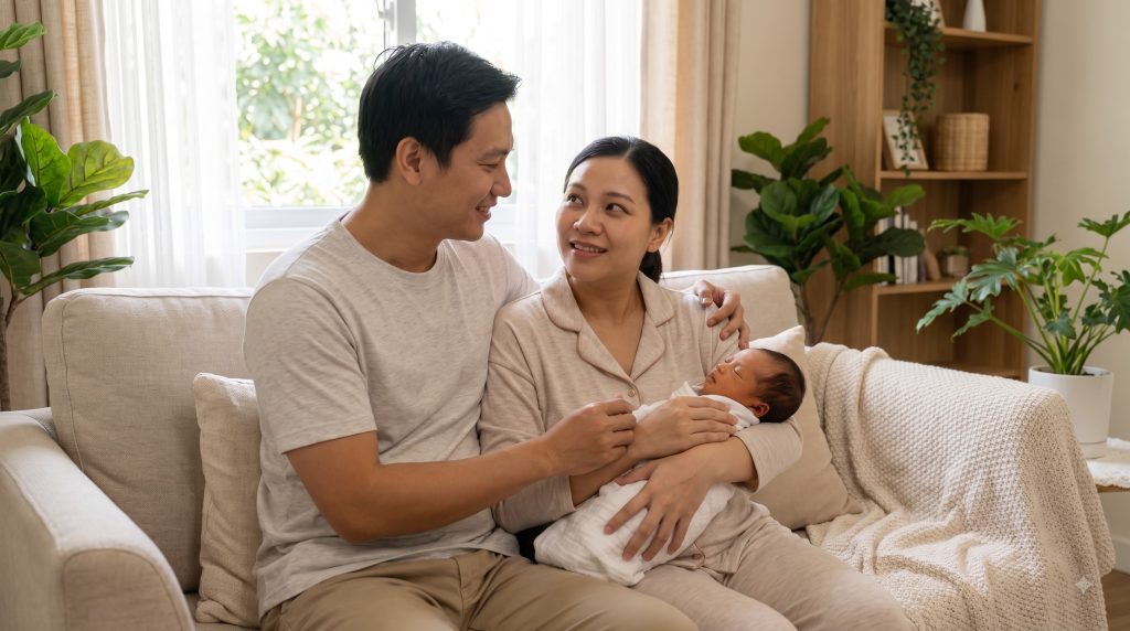 New mother receiving emotional support while caring for her newborn.