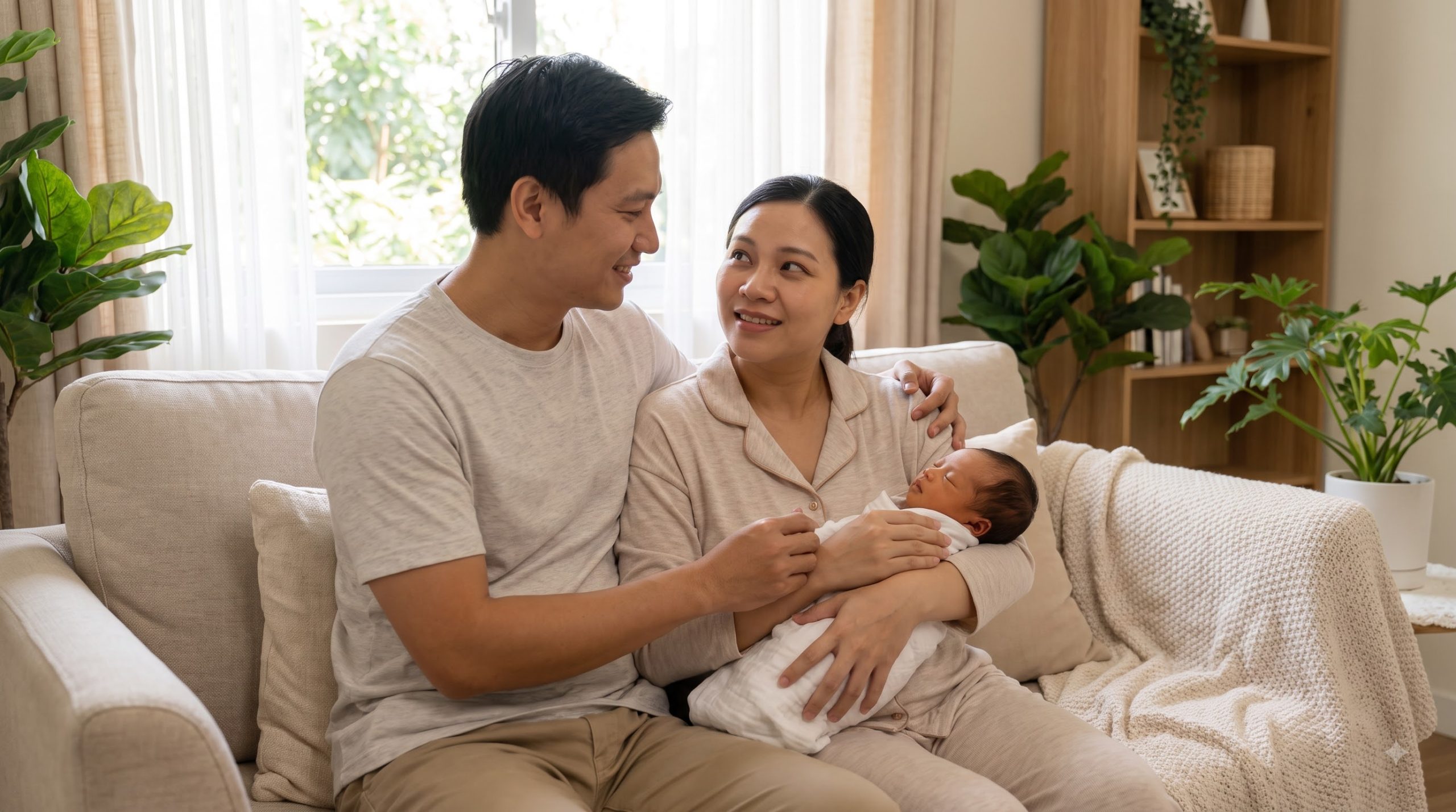 New mother receiving emotional support while caring for her newborn.