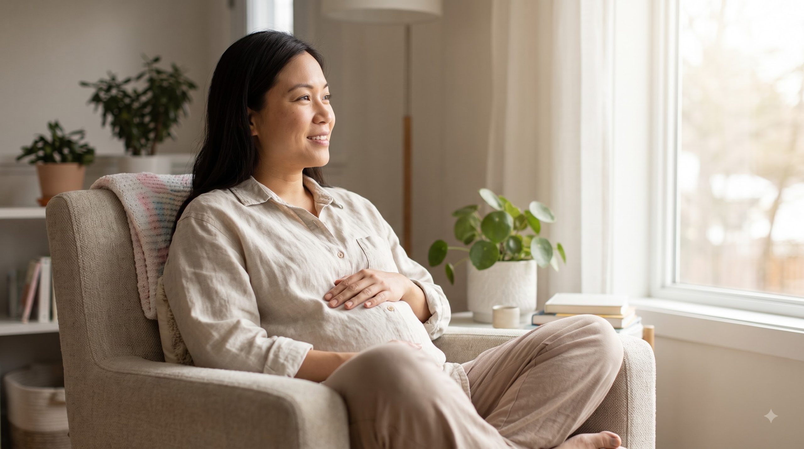 Pregnant woman gently holding her belly during the first trimester.