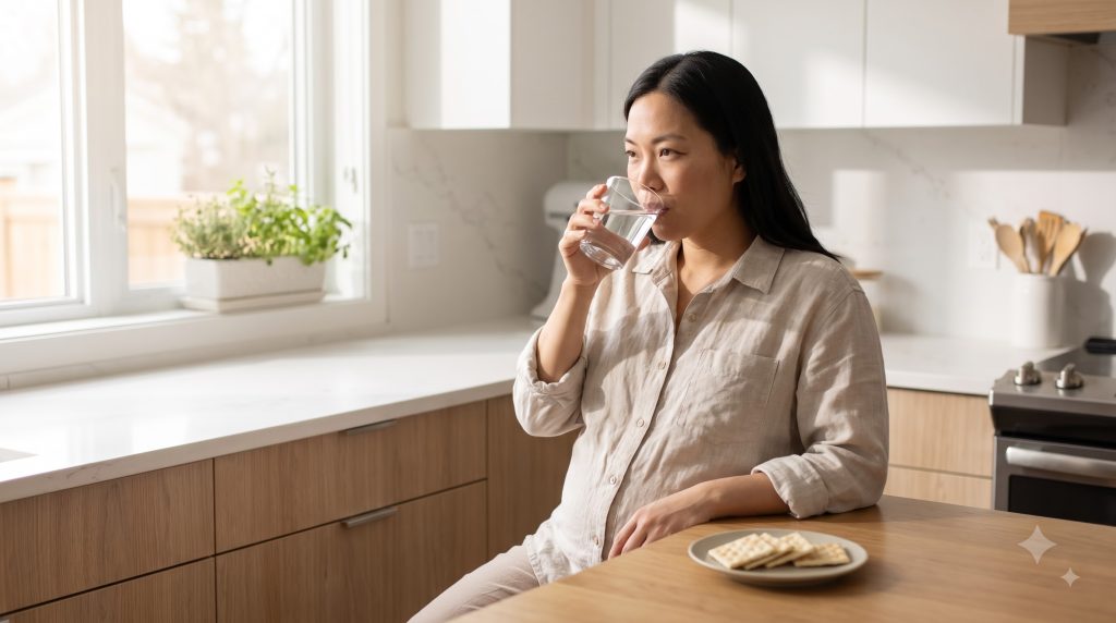 Pregnant woman managing morning sickness with water and light food.