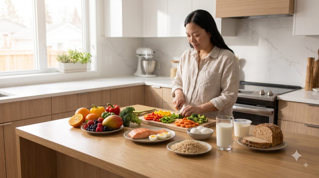Healthy pregnancy foods prepared in a modern kitchen.