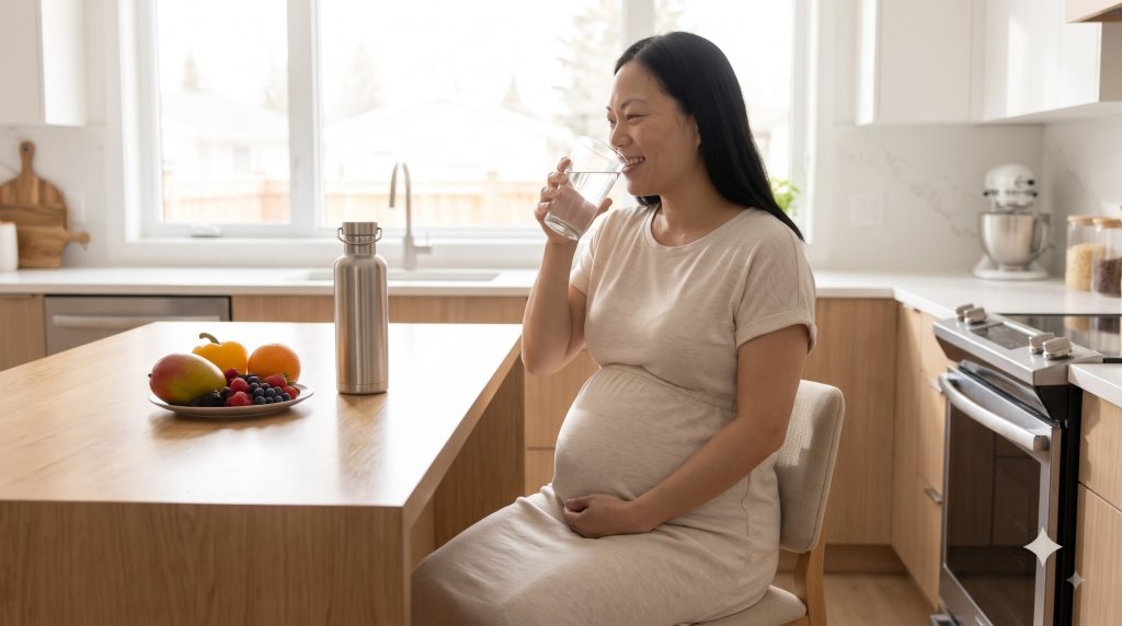 Pregnant woman drinking water to stay hydrated.