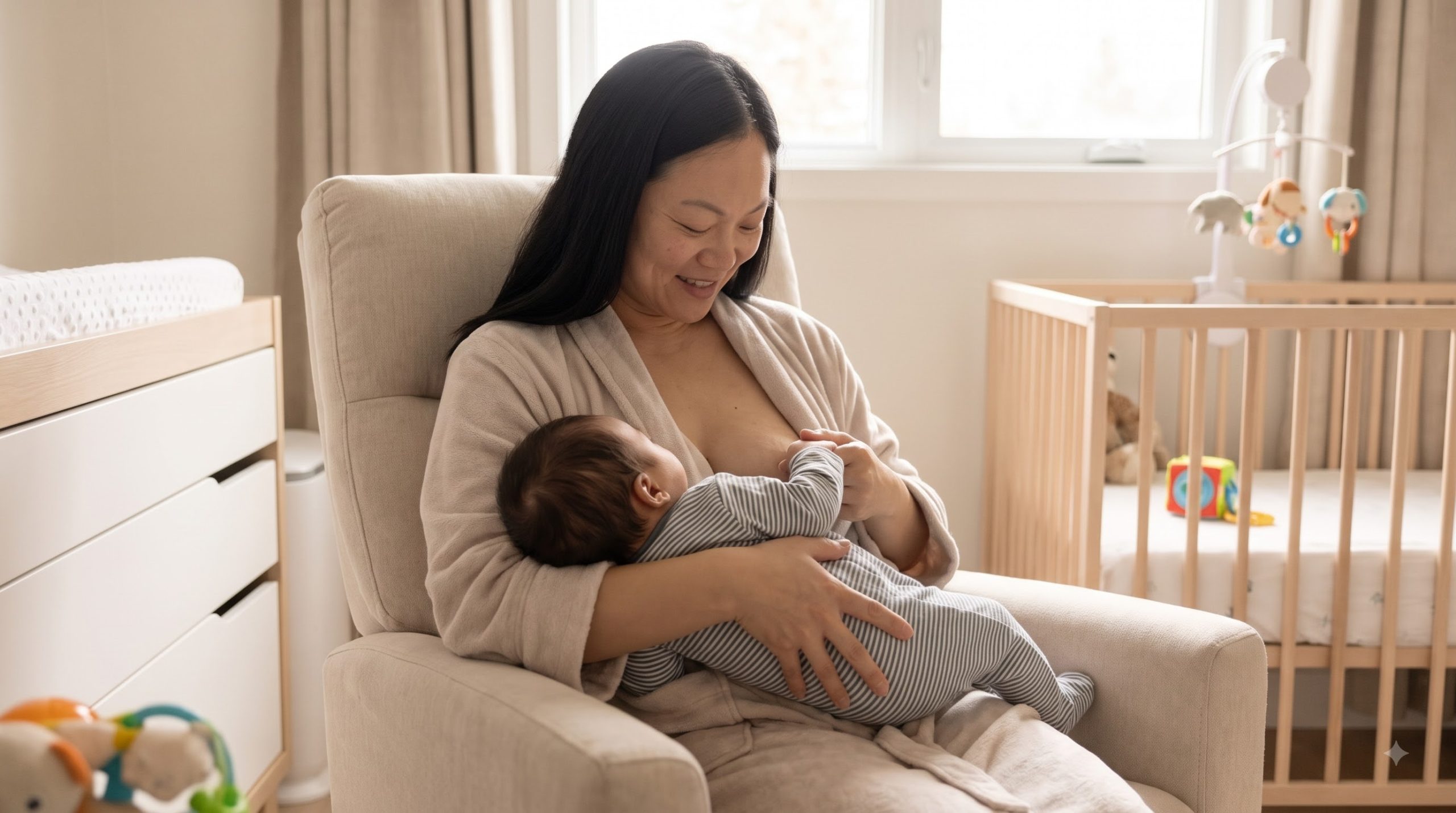 Mother safely feeding her newborn baby in a comfortable nursery.