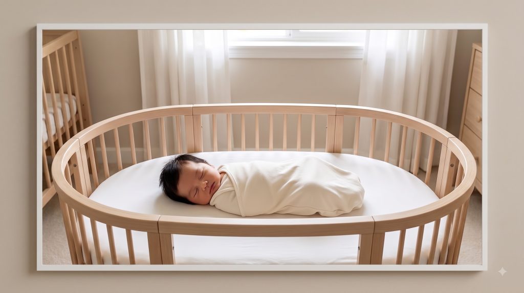 Newborn sleeping safely on their back in a clear bassinet.