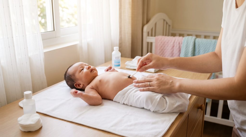 Parent gently caring for a newborn baby's umbilical cord.